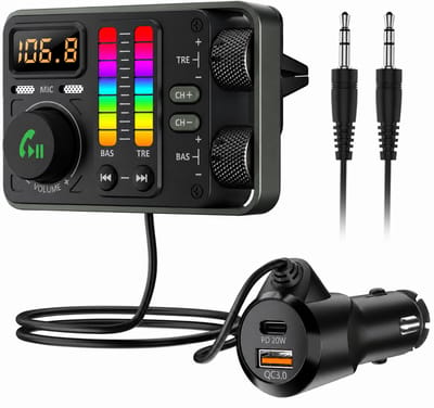 Bluetooth 5.3 FM-Zender voor Auto | 20W PD + 18W QC Snellader | Hi-Fi Klank & AUX | Dubbel Microfoon Handsfree | Voor Oude Autoradio‘s