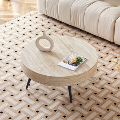 DESMIU Salontafel - Ronde Travertijnlook Met Metalen Poten - Voor Woonkamer En Kleine Ruimtes - MDF En Metaal - Zwart En Hout - 70 Cm