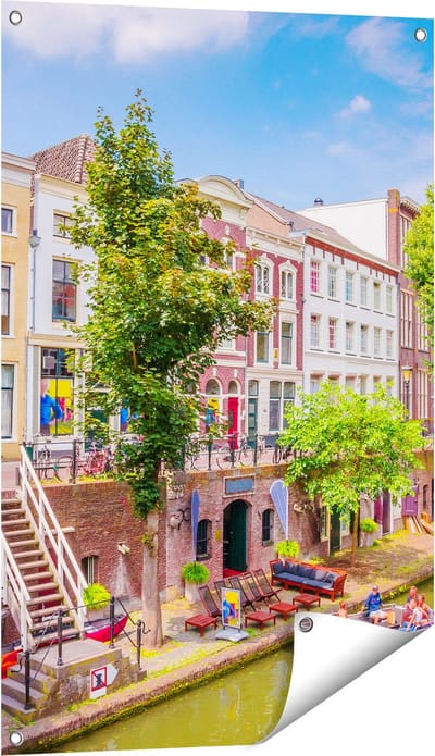 Gards Tuinposter Huisjes aan de Oudegracht in Utrecht - 60x90 cm - Tuindoek - Tuindecoratie - Wanddecoratie buiten - Tuinschilderij