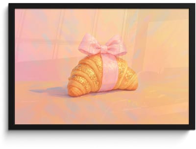 Poster in lijst - Fotolijst 60x40 cm - Posters - Croissant - Strik - Roze - Posterlijst zwart - Decoratie - Wanddecoratie woonkamer - Muurdecoratie slaapkamer