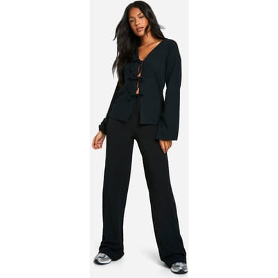 boohoo Dames Tall Crinkle Blouse met Strikdetail en Broek Co-ord Set | Zwart | Maat: 38