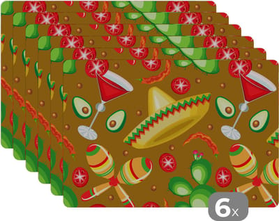 Placemat - Placemats kunststof - Mexico - Sombrero - Patronen - 45x30 cm - 6 stuks - Hittebestendig - Anti-Slip - Onderlegger - Afneembaar