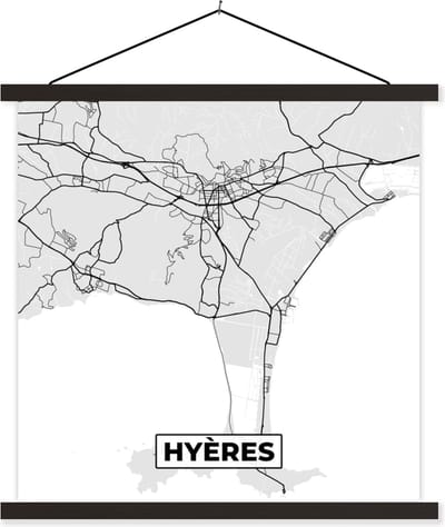 Posterhanger incl. Poster 60x60 cm - Schoolplaat - Frankrijk - Hyères - Stadskaart - Plattegrond - Kaart - Textielposter - Zwarte latten - Stadskaart