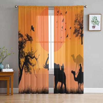 Afrikaanse safari met kamelen en olifant op zonsondergang Tule vitrages voor woonkamer keukendecoratie Voile organzagordijnen 135W x 114H(cm) orange