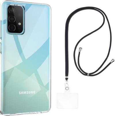 Set met hoesje en nekband voor Samsung Galaxy a52 - Flexibele, transparante TPU-bescherming, verstelbare universele nekband voor mobiele telefoons, zwarte nekband, transparante draagriem van Phonillico®