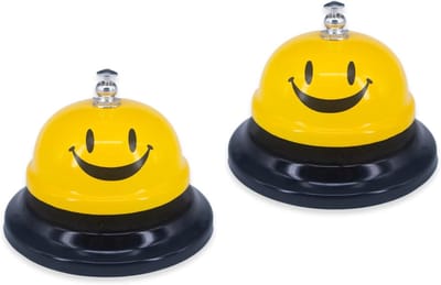 2 stuks telefoonbel, 8,5 cm diameter metalen bel, servicebel voor bureau, hotels, school, restaurant, glimlach geel