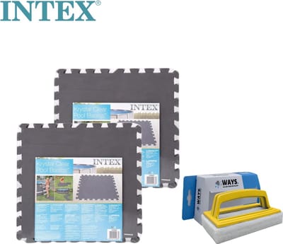 Intex - Zwembadtegels Grijs - 2 verpakkingen van 8 tegels - 4m² & WAYS scrubborstel