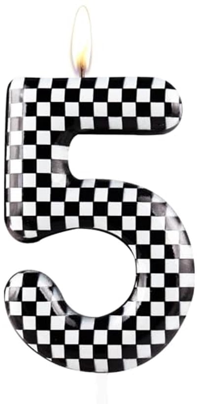 Raceauto Verjaardagskaars voor 5e Verjaardag - Metallic Zwart Wit Geruit Cake Kaars