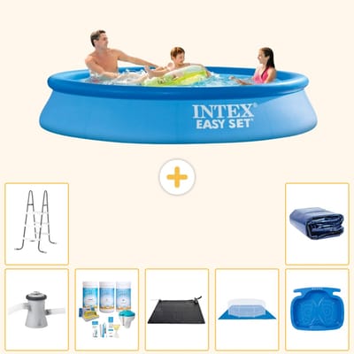 Intex Rond Opblaasbaar Easy Set Zwembad - 305 x 61 cm - Blauw - Inclusief Pomp - Onderhoudspakket - Solar Mat - Grondzeil - Voetenbad - Ladder - Solarzeil - 8-delig