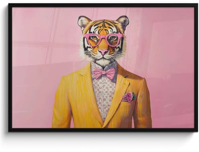 Poster in lijst - Fotolijst 120x80 cm - Posters - Tijger - Bril - Geel - Jasje - Posterlijst zwart - Decoratie - Wanddecoratie woonkamer - Muurdecoratie slaapkamer