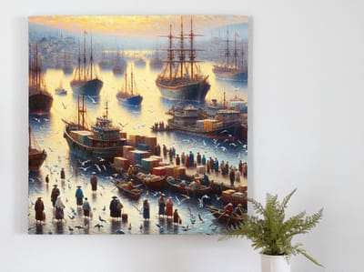 Olieverf haven schilderij | Haven Impressions: A Maritime Masterpiece in Oils en Verf | Kunst - 75x75 centimeter op Forex | Foto op Forex