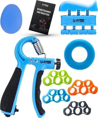 U Fit One 8 Delige Handtrainer Set - Verstelbare Teller Handgrip - Handknijper - Knijphalter - Stressbal - Vingertrainer - Onderarm Trainer
