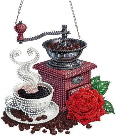Koffiemaker met Diamant Kunst Hangdecoraties, Speciale Vorm Drill Diamant Schilderkits voor Volwassenen, Rozen Kristal Sieraad 5D Venster Decoratie voor Muur en Tuin