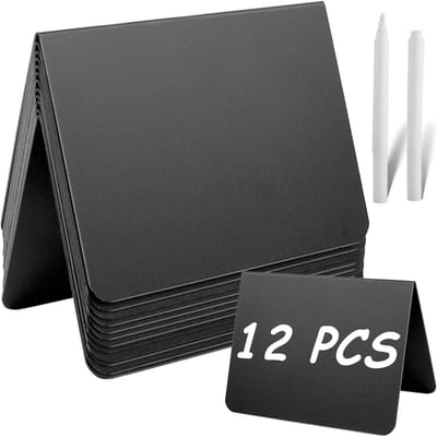 Ynkkvre - set van 12 mini krijtborden - V-vormige standaard voor prijskaartjes - leisteenbord met 2 stiften - geschikt voor prijslabels, plaatskaarten, buffet, bruiloft, feest, bakkerij - 7,5 x 10 cm