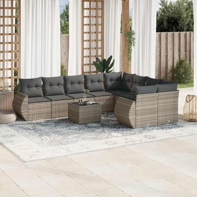 vidaXL - 10-delige - Loungeset - met - kussens - poly - rattan - lichtgrijs