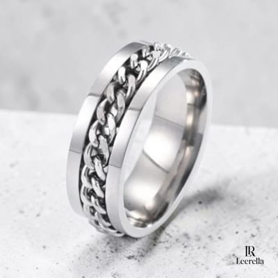 Leerella RVS Unisex Ring met Ketting Inleg Zilverkleurig-Zilverkleurig Maat 7/17.4mm – Roestvrij Staal Ring Heren & Dames – 4 Kleuren