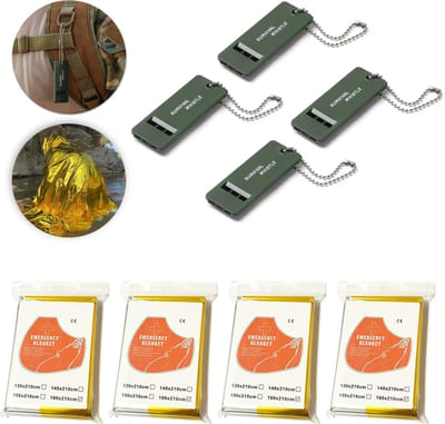 Colorful Sun® Survival Kit: Reddingsdeken + Noodfluit - Reddingsdeken x 4 (160x210cm, Goud/Zilver) + Noodfluit x 4 - Voor Outdoor Avonturen, Wandelen, Kamperen en Noodsituaties - Thermische Isolatiedeken en Luide Alarmfluit met Sleutelkoord