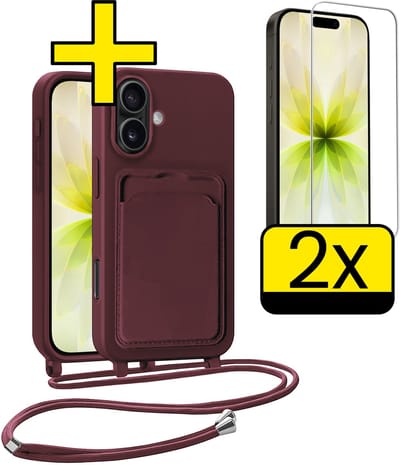 Hoesje Geschikt voor iPhone 17 Telefoonhoesje Met Koord Case Pashouder Met 2x Screenprotector Siliconen - Hoes Geschikt voor iPhone 17 Hoesje Met Kaarthouder - Aubergine