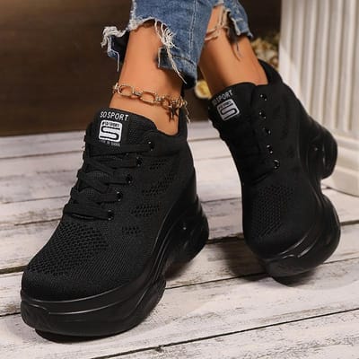 Ademende Mesh Sleehak Sneakers voor Dames Vetersluiting Dik Platform Sportschoenen Vrouw Gebreid Antislip Loopschoenen 40 brown