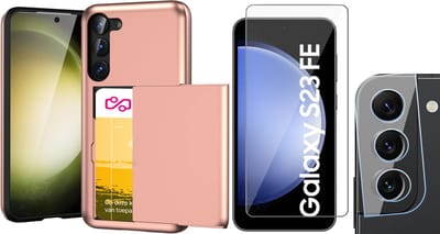 Hoesje met Pasjeshouder geschikt voor Samsung Galaxy S23 FE - Screenprotector GlassGuard & Camera Lens Screen Protector - Back Cover SlideCase Roségoud