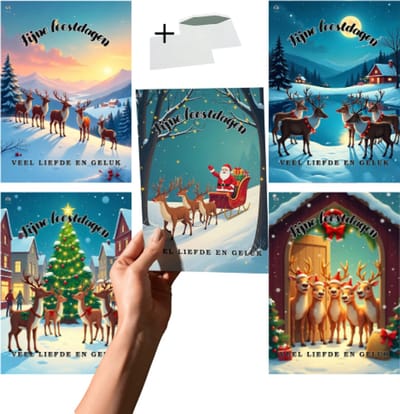 Grand X - Kerstkaart - Rendieren - 5 Kaarten - Inclusief Enveloppen - A6 Formaat - Kerstkaarten Met Enveloppen