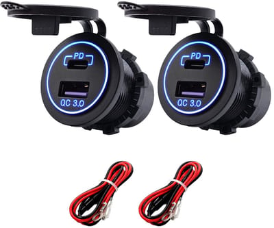 ProRide 12V USB-C Wandcontactdoos Inbouw - USB-A en USB-C - 2 Poorten - QC3.0 - Blauw - Kabel en Zekering - 2 stuks