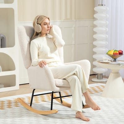 Schommelstoel - Relaxfauteuil Met Armleuningen En Lendenkussen - Voor Woonkamer En Slaapkamer - Teddy Stoflook - Crèmewit