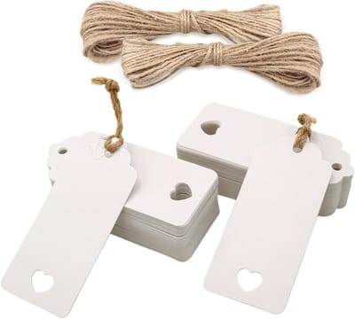 Kraft papier labels voor cadeaus 9.5 x 4.5 cm, 100 stuks met jute koord voor bruiloften, kerst en Valentijnsdag