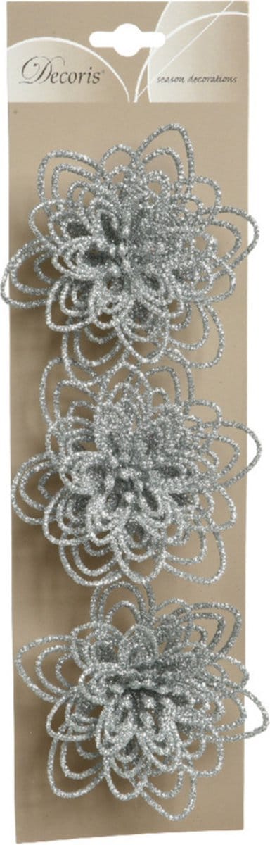 Kerstboomversiering Bloemen - 3x stuks - 11 cm - zilver glitter - op clip - ornament