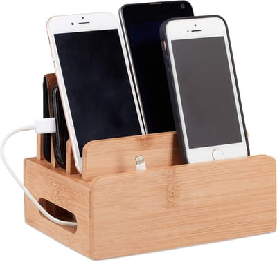 Famanu – Bamboe kabelbox – voor 6 apparaten – kabel organizer met telefoonhouder/oplaadstation – 9x1