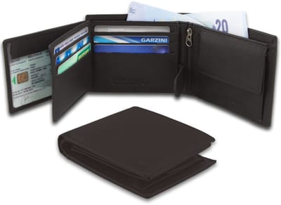 Garzini heren portemonnee leder, portefeuille RFID, tijdloos billfold model muntvak, briefgeldvak, 15 pasjes, Bruin
