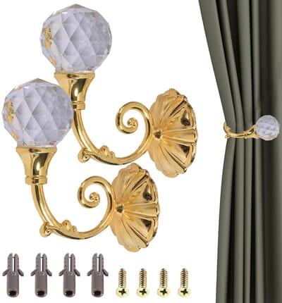 Dailygoods- Gordijnhouder Metalen - 2-delige Gordijnhouder - Decoratieve Gordijnhouder - Muurbevestiging - Raff Haak - Kristallen Bal - Gordijndrager