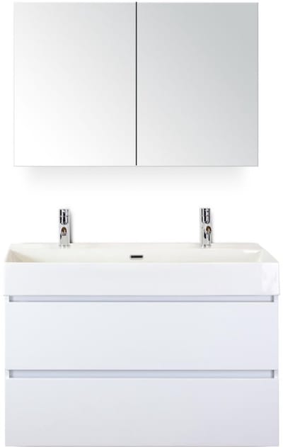 Maxx XL Badmeubelset 100 cm - Wit Hoogglans - Wastafel Kube 2 Kraangaten met Spiegelkast