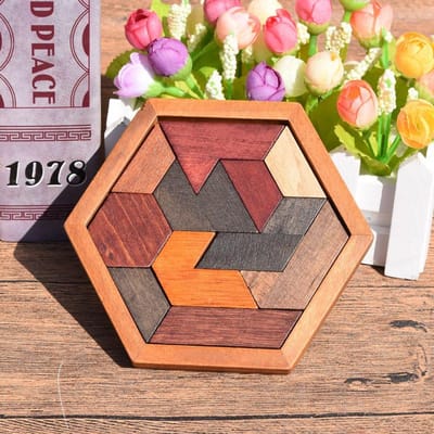 Klassiek Zeshoekig Tangram Houten Hersenkrakers Voor Kinderen Logisch Denken Spellen Casse Tete Rompecabezas De Madera brown