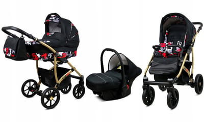 BabyLux® Kinderwagen 3in1 – LARGO - BLACK MORO GOLD FRAME - Opklapbare Wandelwagen incl. Reiswieg, Multifunctionele Buggy Sportstoel, Autostoel - Combi-kinderwagen met Luiertas, Regenhoes, Klamboe, Bekerhouder, etc.