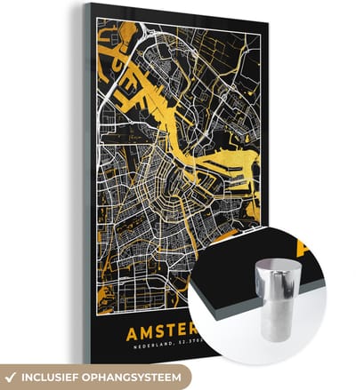 MuchoWow® Glasschilderij 40x60 cm - Schilderij acrylglas - Plattegrond - Amsterdam - Goud - Zwart - Foto op glas - Schilderijen - Stadskaart