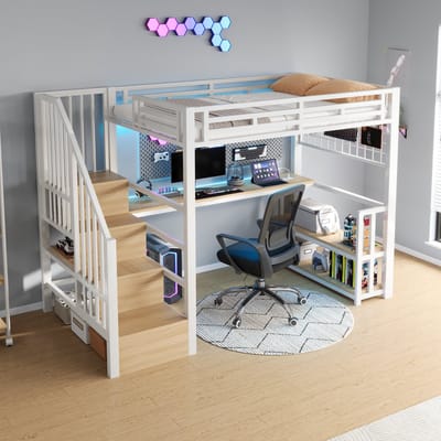 Stapelbed 90 x 200 cm - hangend rooster - LED-verlichting - bureau - met USB- en Type-C-aansluiting - zonder matras - wit
