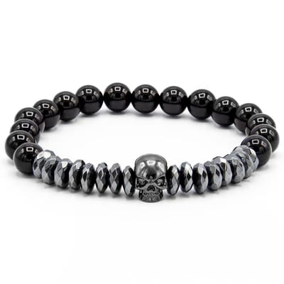 Victorious Natuurstenen Kralen Armband Heren – Zwarte Schedel – Zwart – 18cm