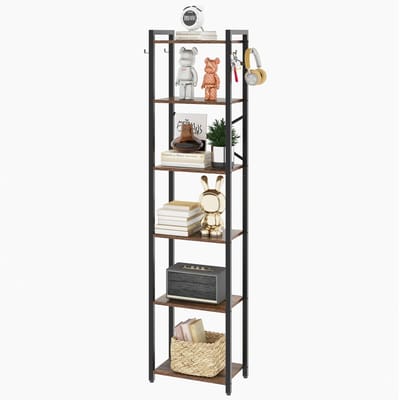 Opbergrek, plantenrek, opbergrek met stalen frame, voor woonkamer, kantoor, studeerkamer, hal, industriële stijl, rustiek bruin en zwart HBC001H