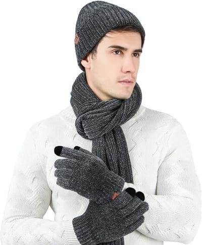 Winter 3 In 1 Sjaal, Muts en Handschoenen Set voor Dames en Heren - Gebreide Beanie Muts, Jacquard Sjaal en Touchscreen Handschoenen van Zacht Chenille Stof, Zwart