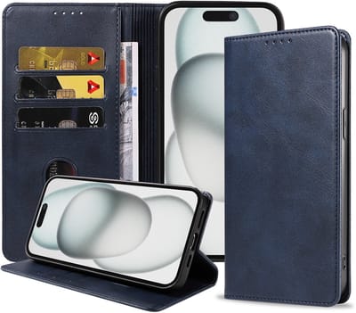 Smartphonica Telefoonhoesje Geschikt voor iPhone 15 Kunstleer met Magnetische sluiting en Pasjeshouder Bookcase met Klepje - Blauw geschikt voor iPhone 15