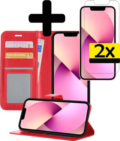 Hoesje - Met 2x Screenprotector - Geschikt voor Apple iPhone 13 Mini - Luxe Pasjeshouder - Bookcase Portemonee - Flip Case - Kunstleer Book Case - Flipcase Hoes - Book Cover - Walletcase - Portemonneehoes - Telefoonhoesjes - Rood