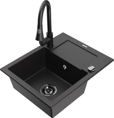 Mexen Enzo granieten spoelbak 1-komor met afdruiprek en keukenmengkraan Elia, zwart/zilver metallic - 6506-73-670101-70-B