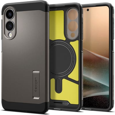 Spigen Tough Armor Hoesje Geschikt voor Samsung Galaxy S25 Edge | Compatibel met MagSafe / Qi2 | Back Cover Militaire Standaard | Kickstand | Gunmetal