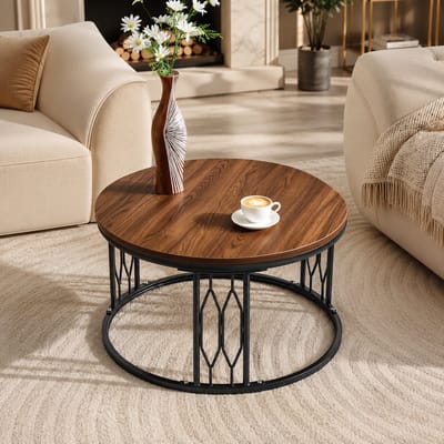 Welltin Salontafel - Bijzettafels -Tafel - Rond - 70x70x40 cm - Metalen frame - Moderne Bijzettafels - Moderne salontafel - Walnootkleurig