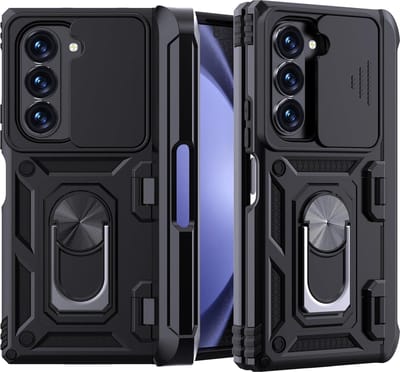 Geschikt voor Samsung Galaxy Z Fold 6 5G - Ringstandaard - Schuifcamera - Militair - Back Cover Hoesje - Zwart