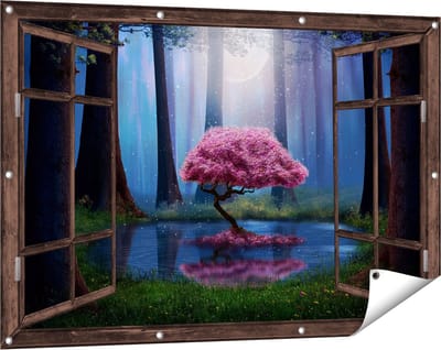 Gards Tuinposter Doorkijk Roze Boom op een Vijver in de Nacht - 120x80 cm - Tuindoek - Tuindecoratie - Wanddecoratie buiten - Tuinschilderij
