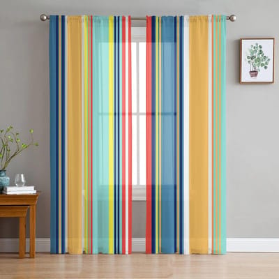 Kleur Streep Slaapkamer Transparante Sheer Gordijnen Vakantiedecoratie Raam Voile Tule Gordijn 135W x 114H(cm) beige