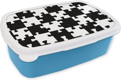 Broodtrommel Blauw - Lunchbox - Brooddoos - Puzzel - Schaken - Patronen - 18x12x6 cm - Kinderen - Jongen