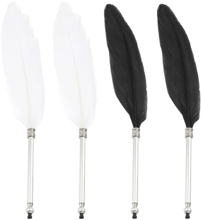 Dailygoods - PATIKIL 4 stuks veren balpen, pluizige vintage inkt ganzenveer verfijnd vergulde staaf ganzenveer voor kalligrafie schrijven handtekening gast huwelijkscadeau, zwart wit